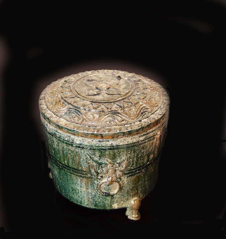 Pottery Han Dynasty Green Glazed Covered Storage Jar For Sale
