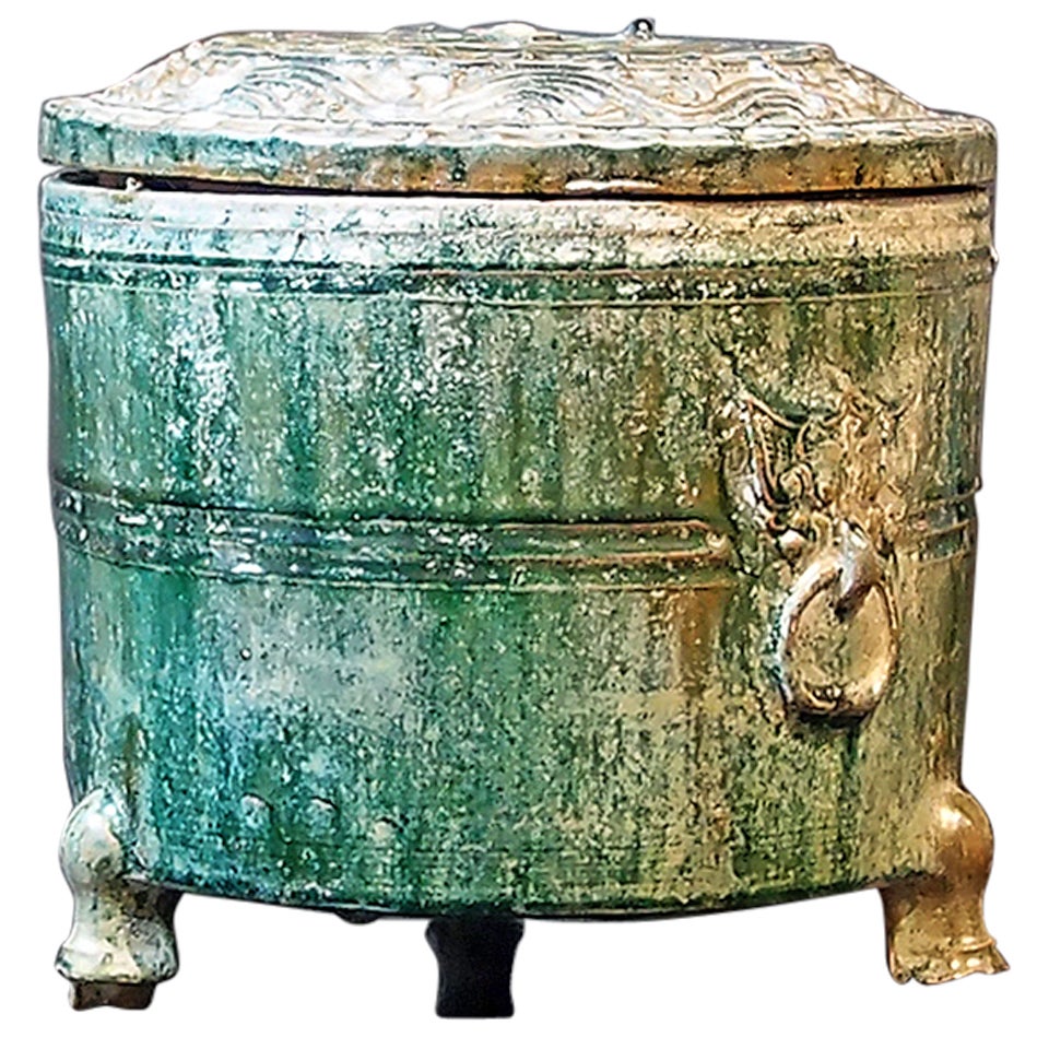 Han Dynasty Green Glazed Covered Storage Jar For Sale