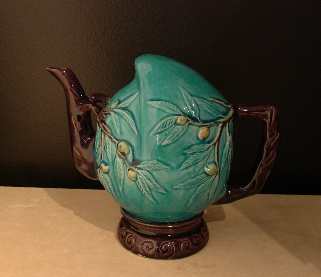 Chinese Turquoise and Aubergine Glazed Cadogan Wine or Tea Pot In Excellent Condition In Austin, TX