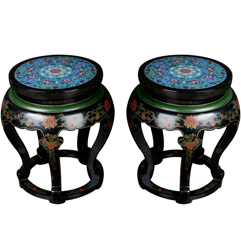 A Lacquer and Cloisonne Stool