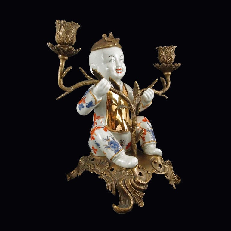 French Pair of Chinoiserie Figural Porcelain and Ormolu Two-Arm Candelabra