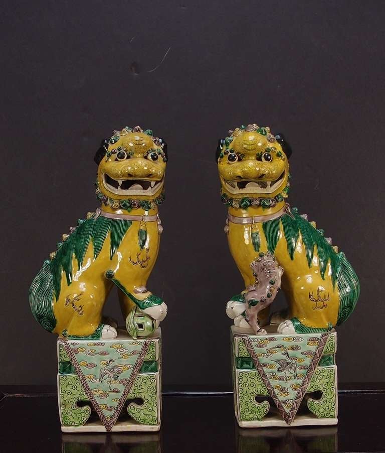 A Pair of Famille Jaune et Verte Foo Lions