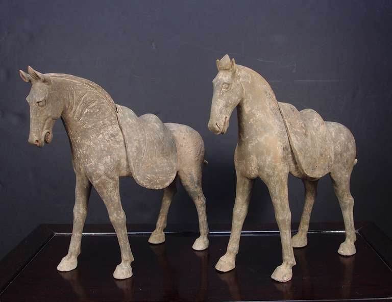 Chinese Pair of Tang Dynasty Grey Pottery Striding Horses with Removable Saddles