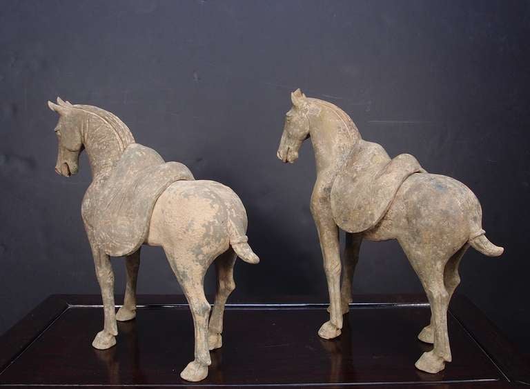 Hand-Crafted Pair of Tang Dynasty Grey Pottery Striding Horses with Removable Saddles