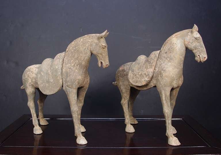 Pair of Tang Dynasty Grey Pottery Striding Horses with Removable Saddles In Good Condition In Austin, TX