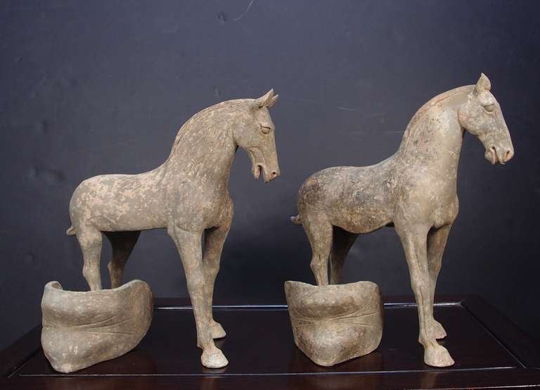 Pair of Tang Dynasty Grey Pottery Striding Horses with Removable Saddles 1