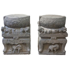 Antique Pair of Chinese Qing Dynasty Carved Limestone Pedestals