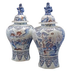 Antique Large Pair of Delft Chinoiserie Decorated Covered Octagonal Baluster Jars