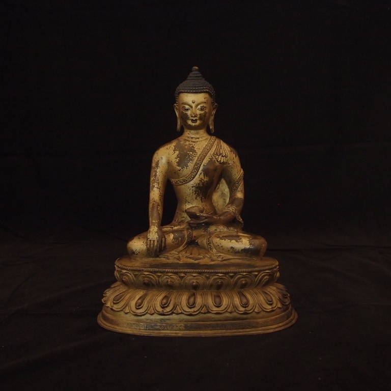 Bhaisajyaguru, the Medicine Buddha, is depicted seated on a lotus base in vajrasana, seated with feet on opposing thighs, with hands in Bhumisparsha mudra, representing the moment of Buddha's enlightenment. He is also holding a round salve jar. The