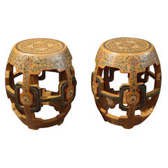 Vintage A Pair of Chinese Lacquer Painted Drum Stools