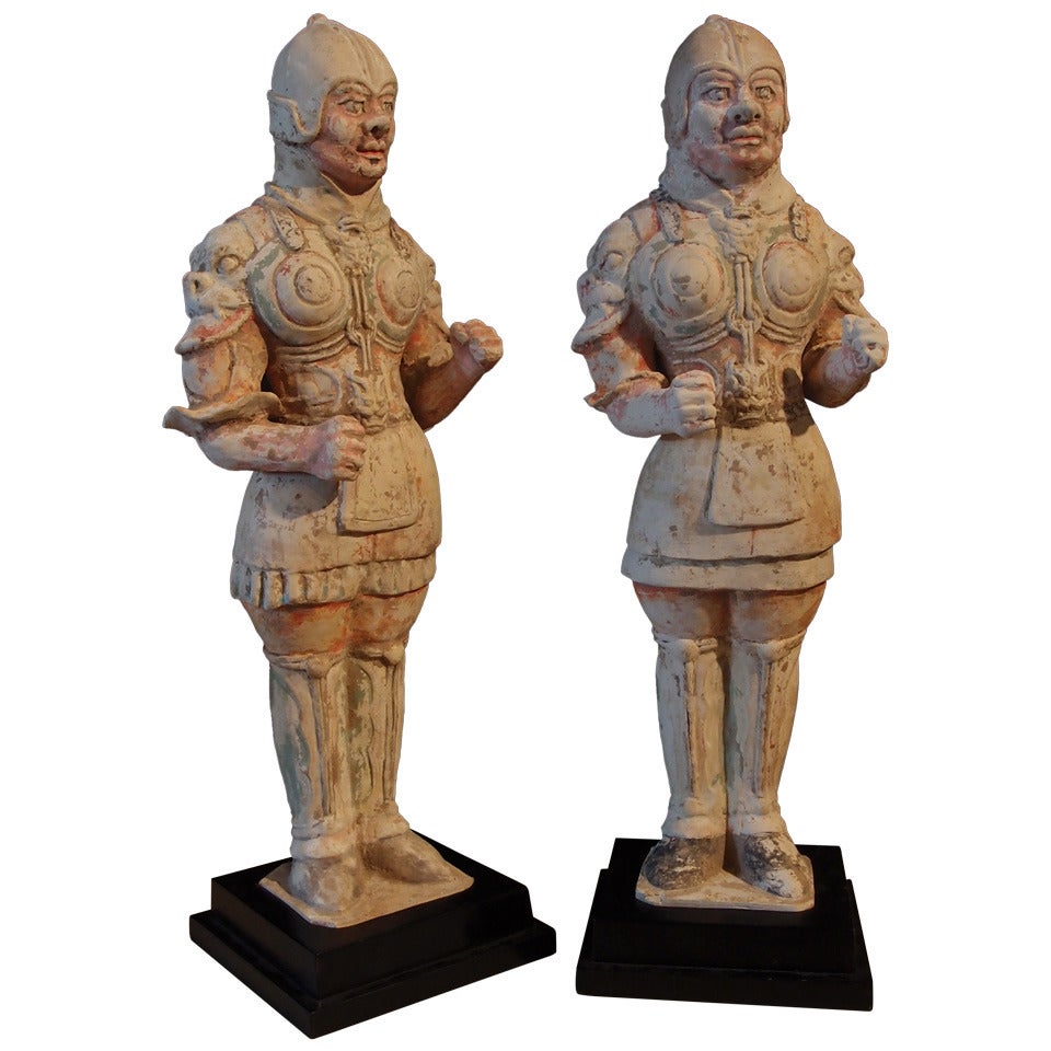 Pair of Tang Dynasty Painted Pottery Soldiers For Sale