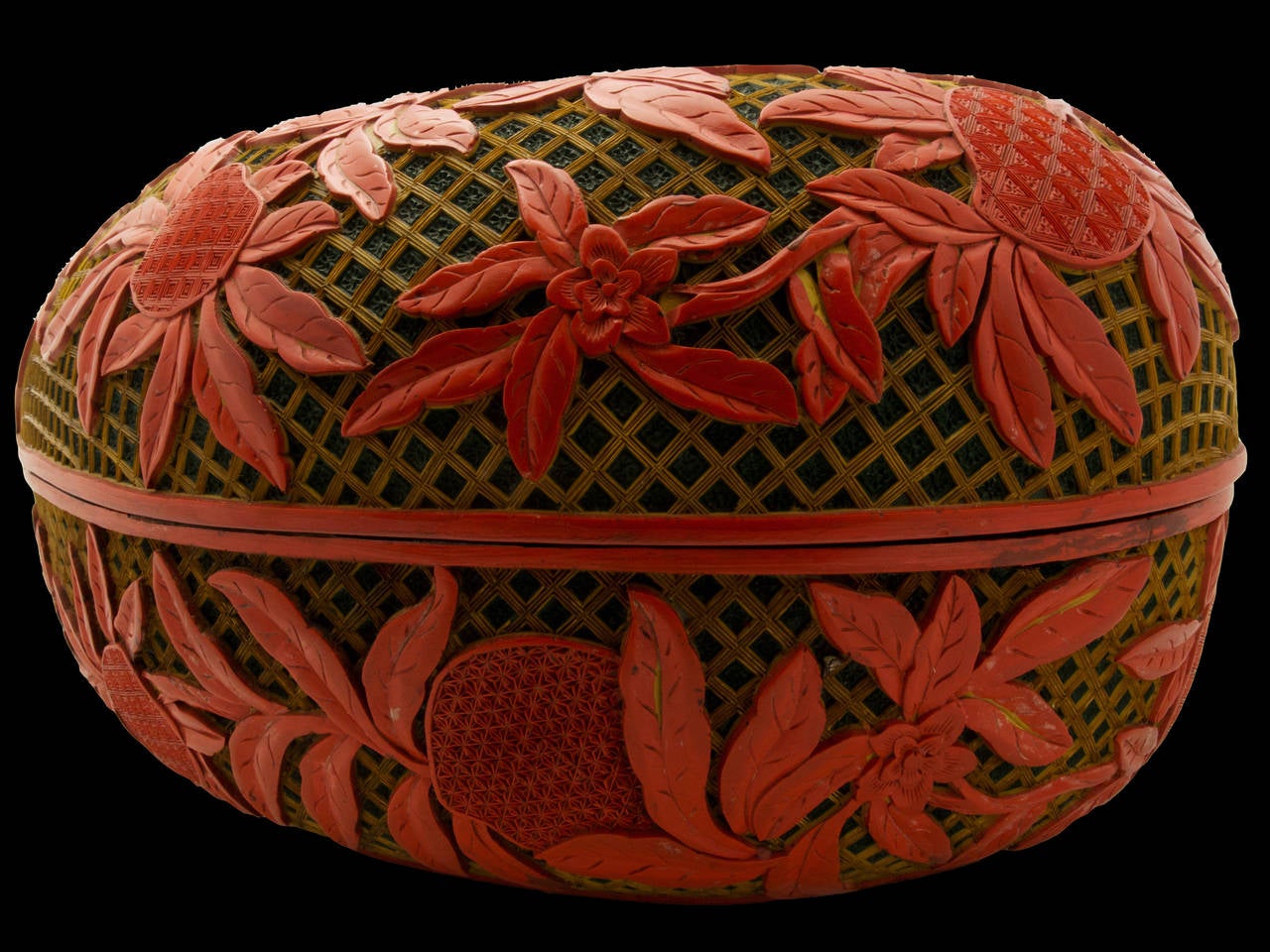 20th Century Large Chinese Carved Cinnabar Lacquer Peach Box