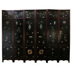 Early 19th Century Chinese Hardwood, Lacquer and Jade Six-Panel Screen