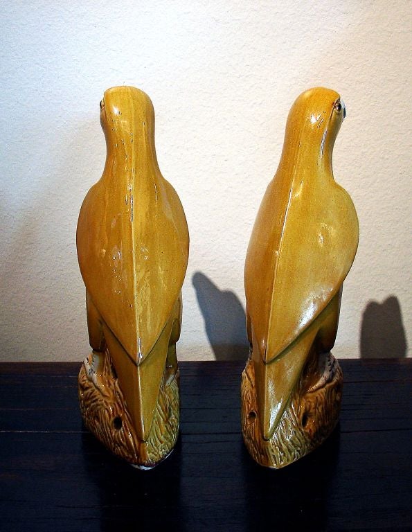 20th Century A Pair of Chinese Export Yellow Glazed Porcelain Parrots