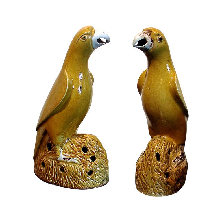 A Pair of Chinese Export Yellow Glazed Porcelain Parrots