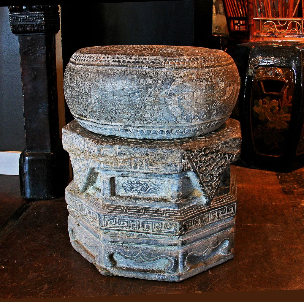 A Pair of Chinese Carved Stone Drum Form Garden Stools or Tables 4