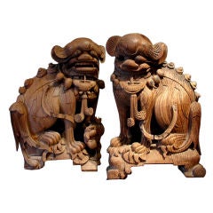 Antique A Pair of Chinese Wooden Foo Dogs