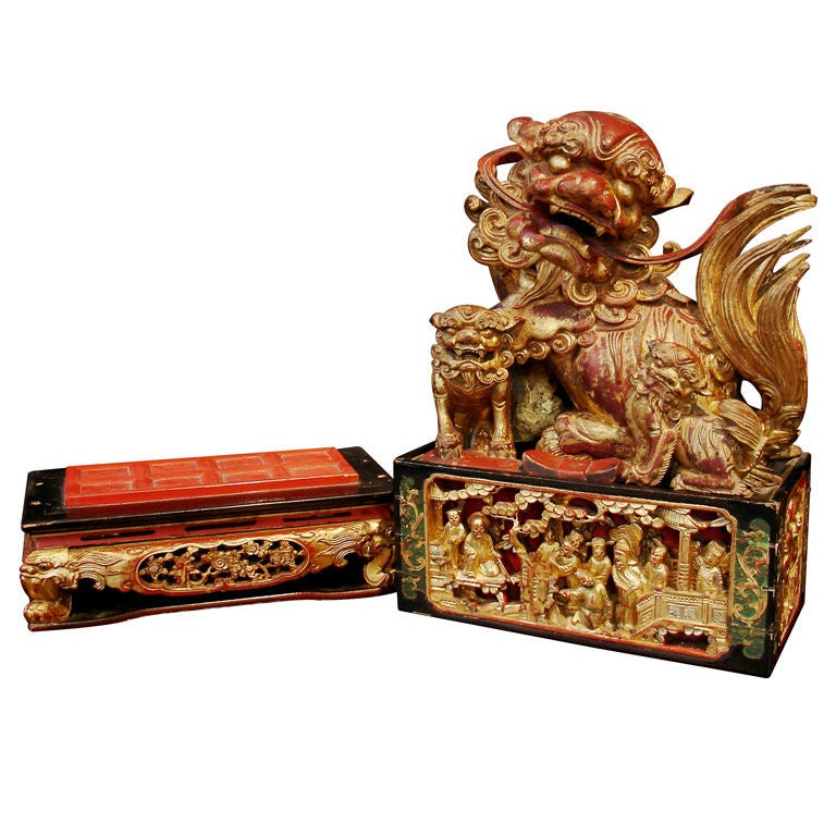 Chinese Carved and Gilt Foo Lion Temple Box