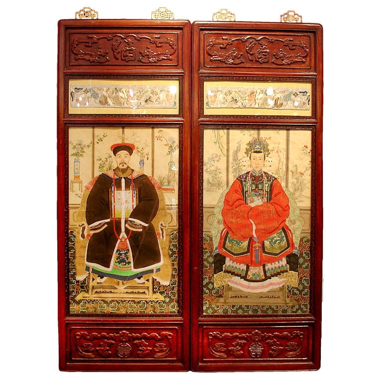 A Pair of Chinese Ancestor Portraits in Rosewood Frames