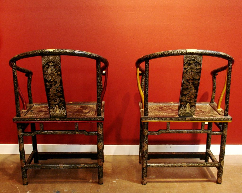 Painted A Pair of Chinese Export Lacquer Horseshoe Back Arm Chairs
