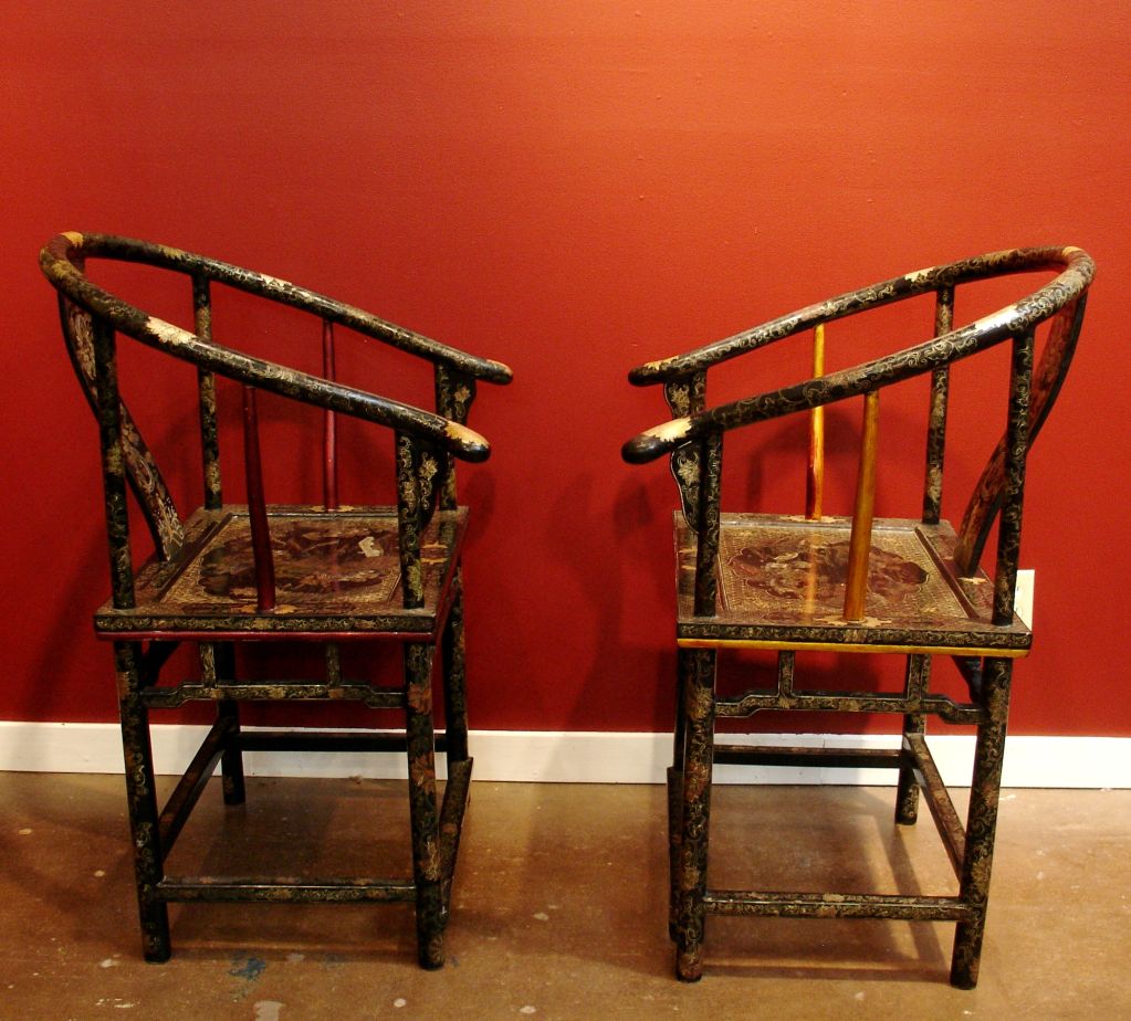 Wood A Pair of Chinese Export Lacquer Horseshoe Back Arm Chairs