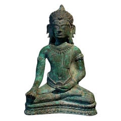 Antique A Khmer-Lopburi Bronze Figure of an Adonrned Buddha
