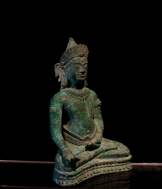 Thai A Khmer-Lopburi Bronze Figure of an Adonrned Buddha
