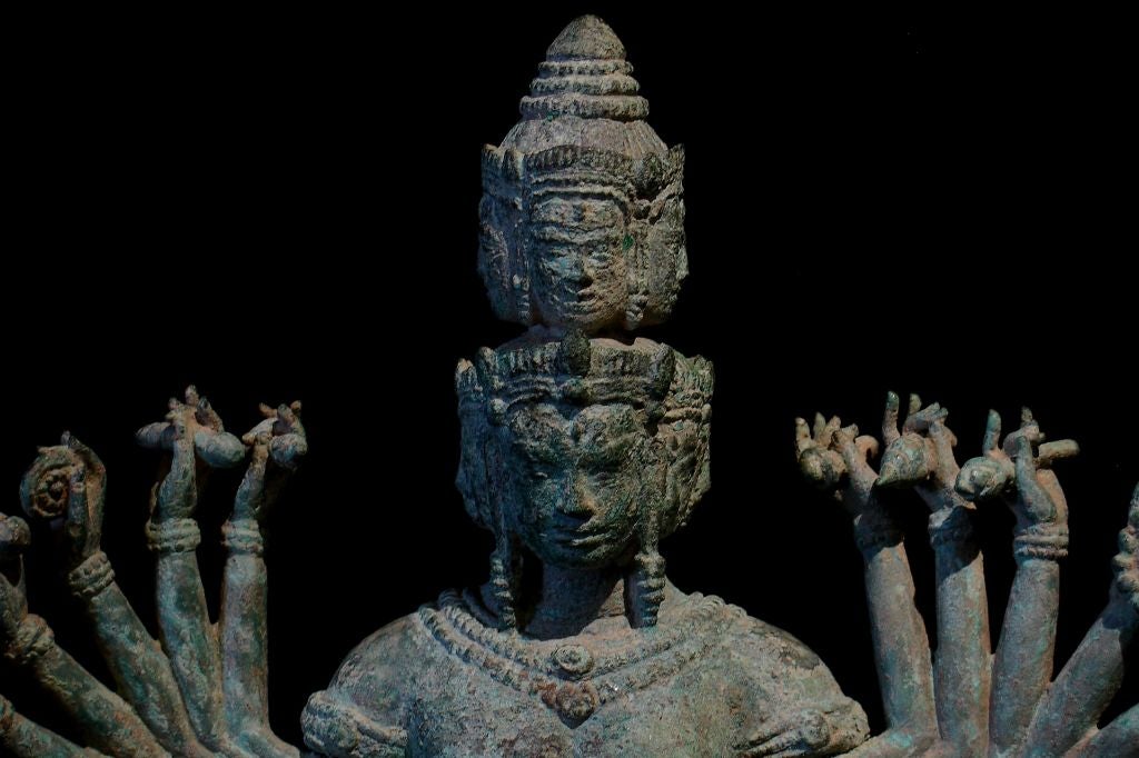 Cambodian Khmer Bronze Figure of Prajnaparamita with Eleven Faces For Sale