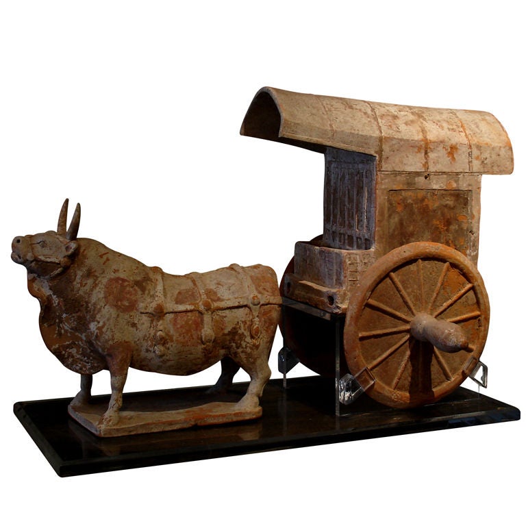 Northern Qi Dynasty Pottery Model of an Ox and Cart For Sale
