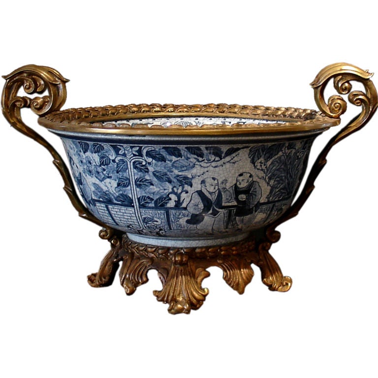 A Pomponne Mounted Blue and White Porcelain Basin Centerpiece