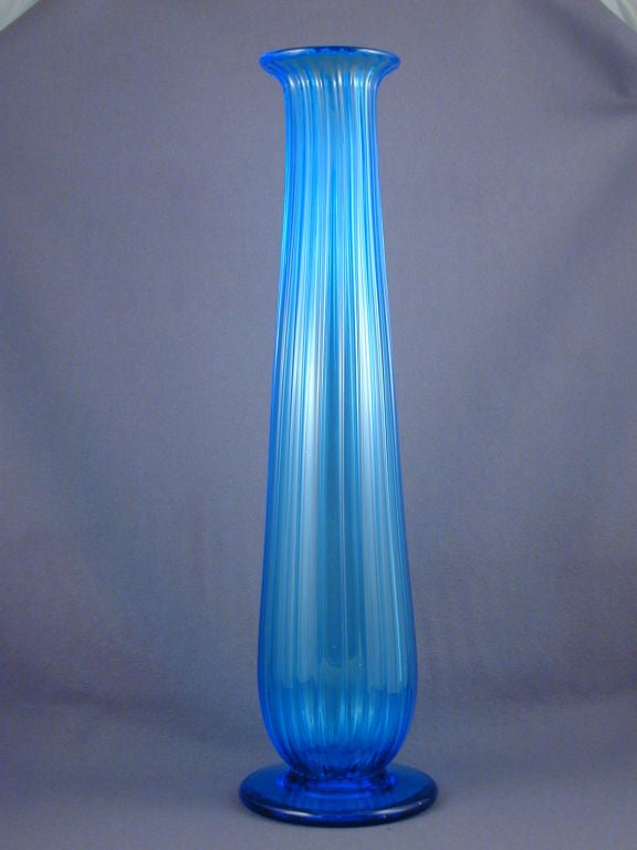 Blown Glass Peacock Blue Vase, made by James Powell & Sons, Whitefriars Glassworks, London, England circa 1890