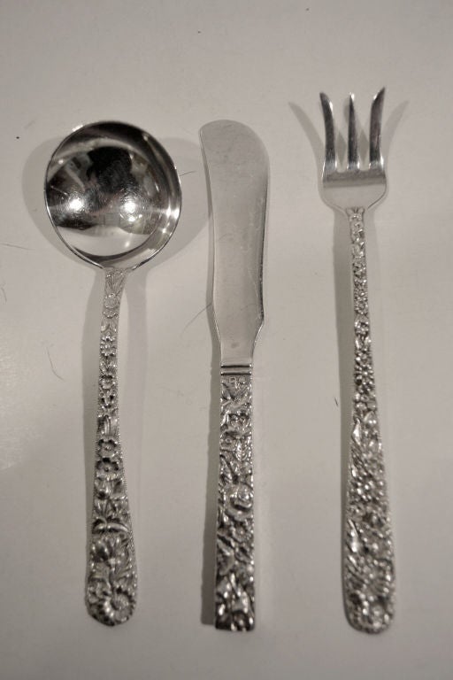 We have 12 each of the butter knives and the oyster forks.  The boullion spoons are SOLD. Each set of 12 costs $600