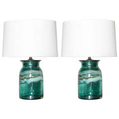 A Pair of Aqua Murano Glass Table Lamps