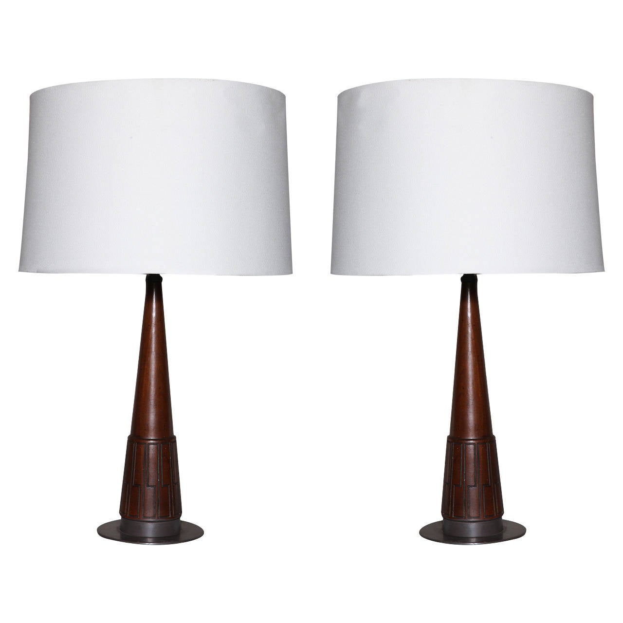 Pair of Incised Walnut Lamps