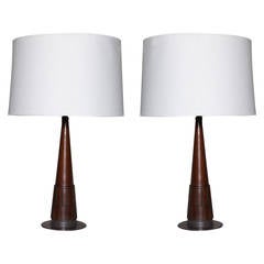 Pair of Incised Walnut Lamps