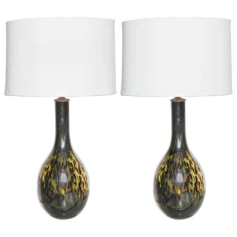 Pair of Spotted Olive Murano Glass Lamps For Sale