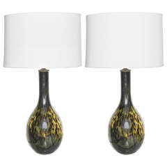 Pair of Spotted Olive Murano Glass Lamps