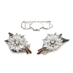 Coro Large Vintage Floral Duette Fur Clips Enamel set with Rhinestones Brooch