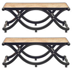Pair of Ebony and Rattan Banquettes