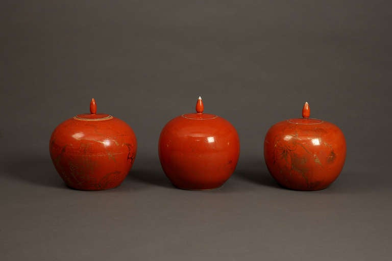 A Set Of Three Orange Ceramic Pots,  19th Century. Chinese