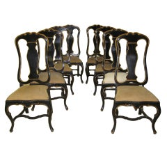 Antique Set of Eight Italian Ebonized Dinning Room Chairs