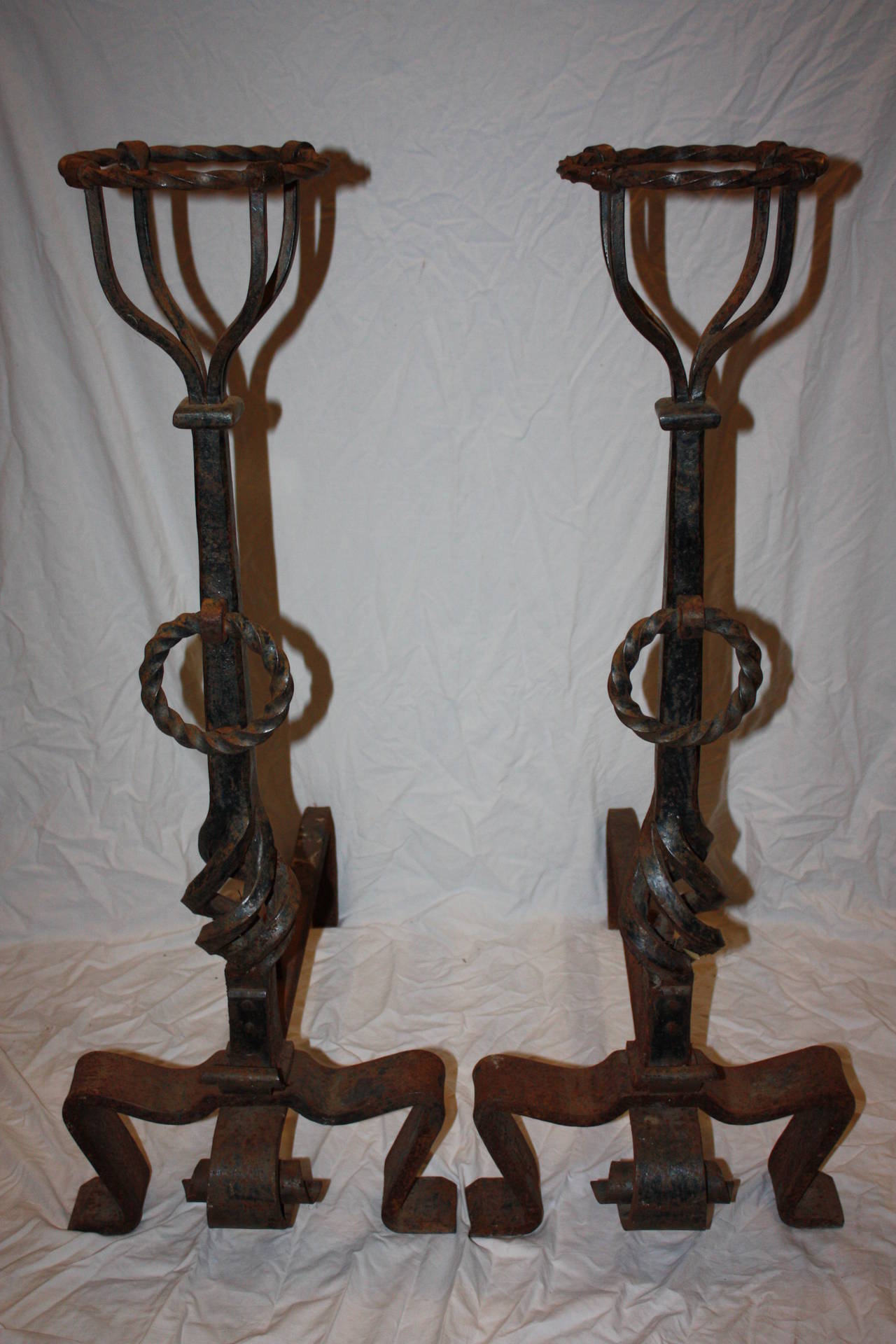 Pair French Wrought Iron Andirons In Excellent Condition In Fairhope, AL