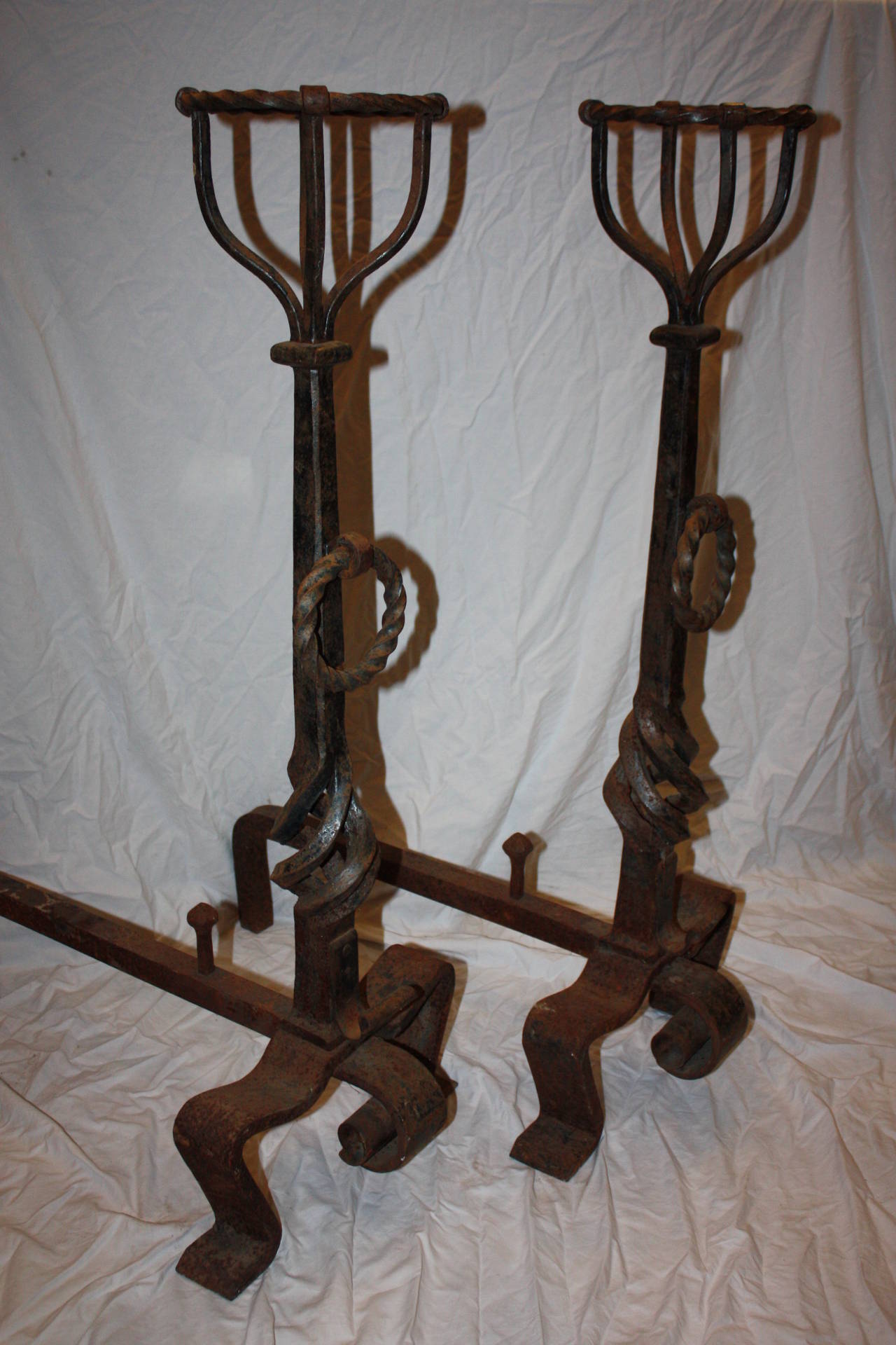 18th Century and Earlier Pair French Wrought Iron Andirons