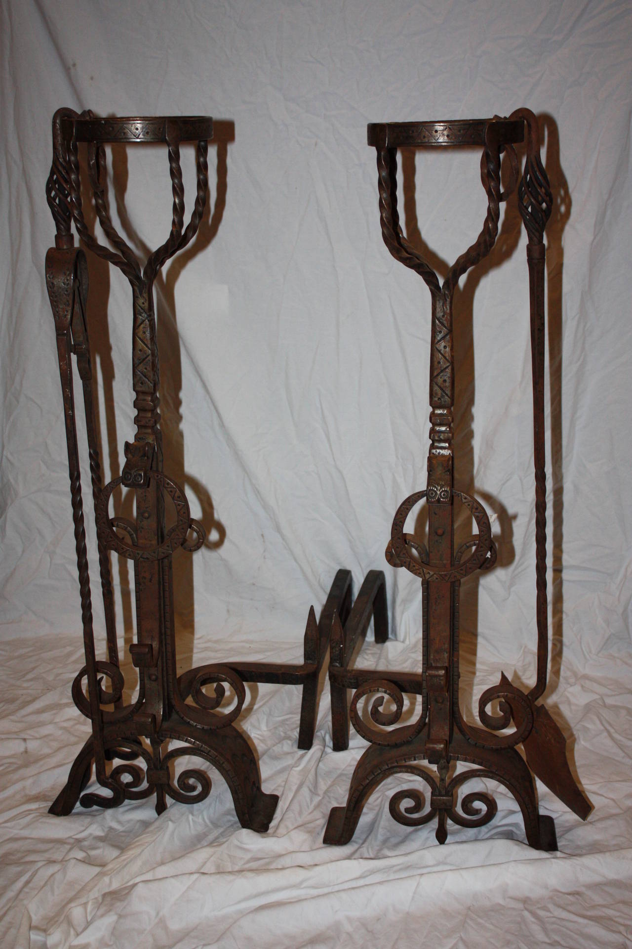 Pair of French Wrought Iron Andirons with Set of Fire Tools In Excellent Condition In Fairhope, AL