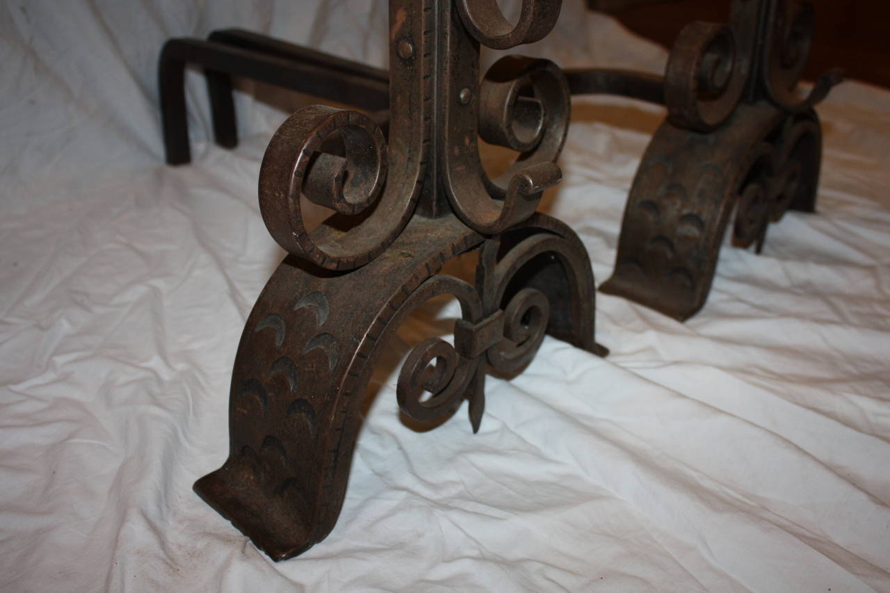 Pair of French Wrought Iron Andirons with Set of Fire Tools 1