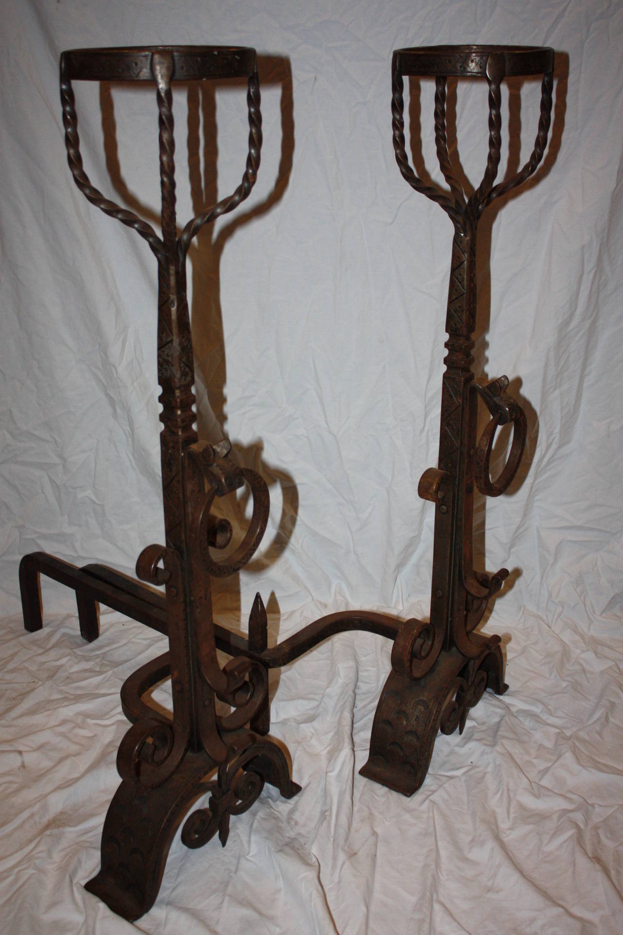 Pair of French Wrought Iron Andirons with Set of Fire Tools 2
