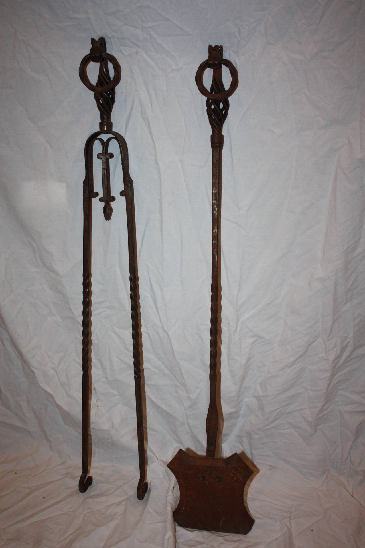 Pair of French Wrought Iron Andirons with Set of Fire Tools 3