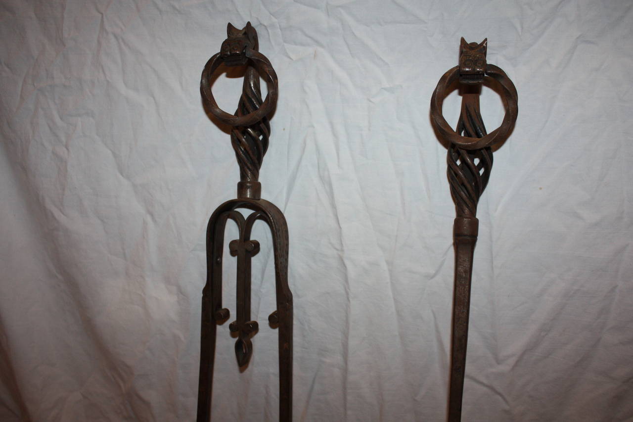 Pair of French Wrought Iron Andirons with Set of Fire Tools 4