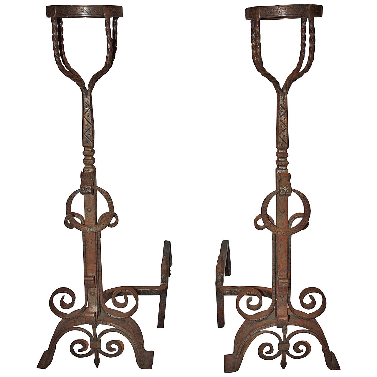 Pair of French Wrought Iron Andirons with Set of Fire Tools