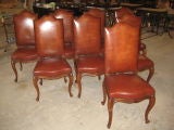 Set of Eight Walnut Leather French Cabrio Leg Chairs